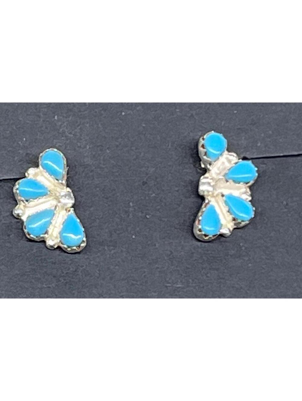 Native American Zuni handmade sterling silver turquoise cluster earrings